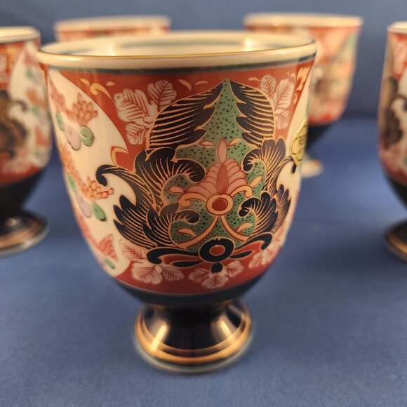 Arita Japanese Teacups Footed Yunomi Cobalt Blue Gold Trim Tea Cups Set 5 Imari - Picture 7 of 10